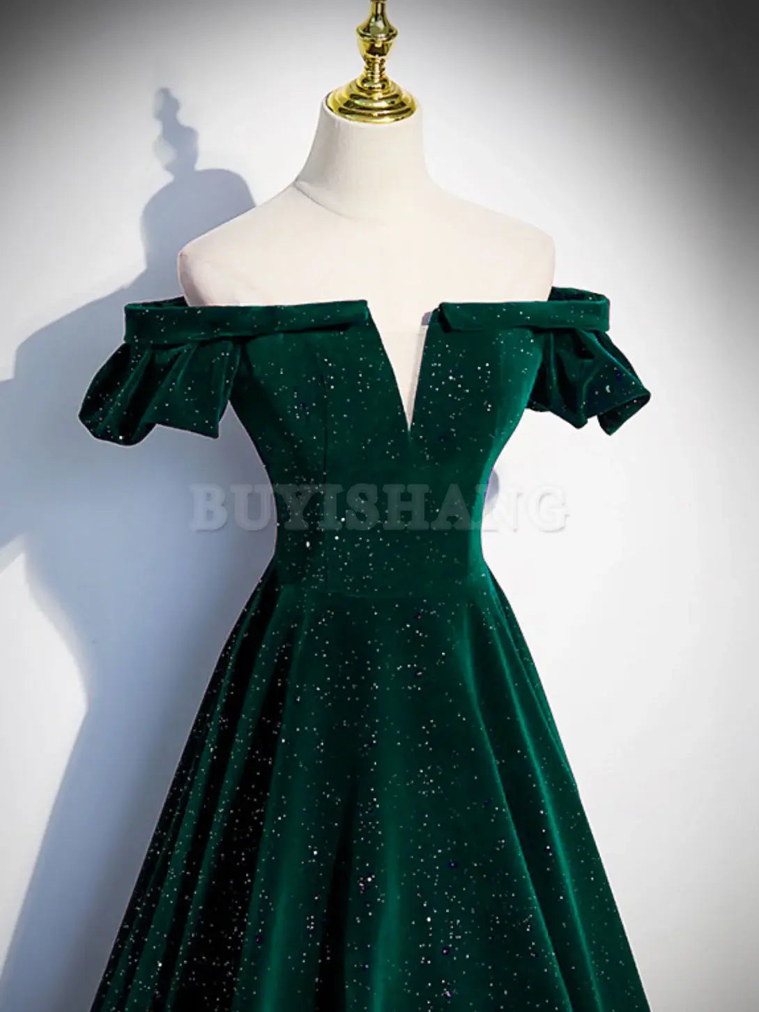 Buyishang A-Line Off Shoulder Velvet Long Prom Dresses Green Velvet Graduation Dress prom dresses shops