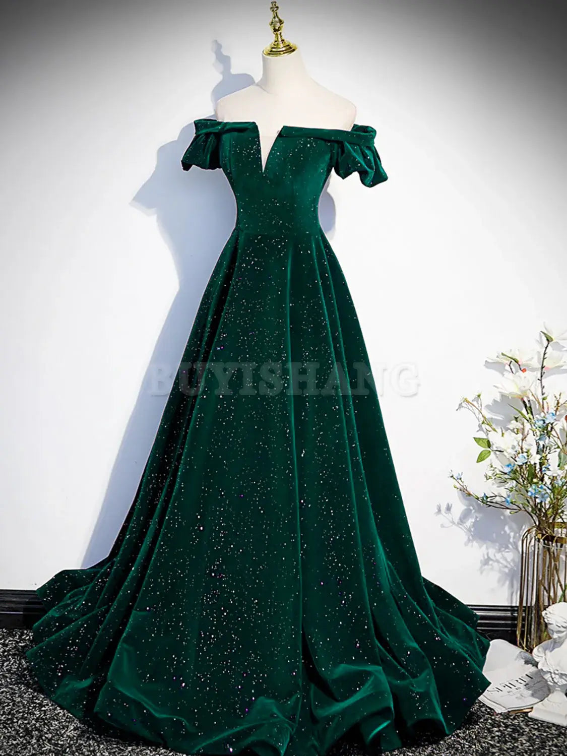 Buyishang A-Line Off Shoulder Velvet Long Prom Dresses Green Velvet Graduation Dress prom dresses shops