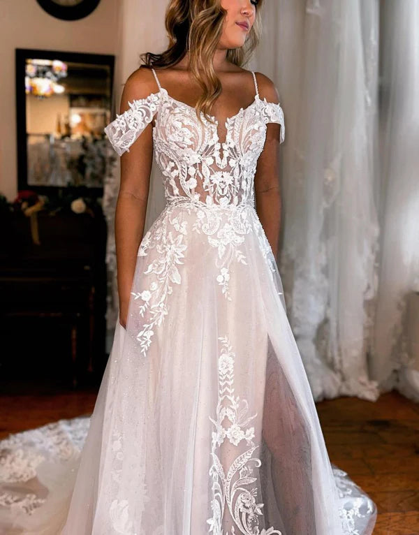Buyishang A-Line Off The Shoulder Wedding Dress With Appliques And Slit