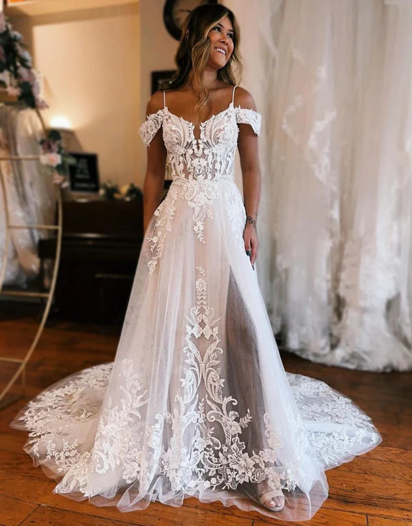 Buyishang A-Line Off The Shoulder Wedding Dress With Appliques And Slit