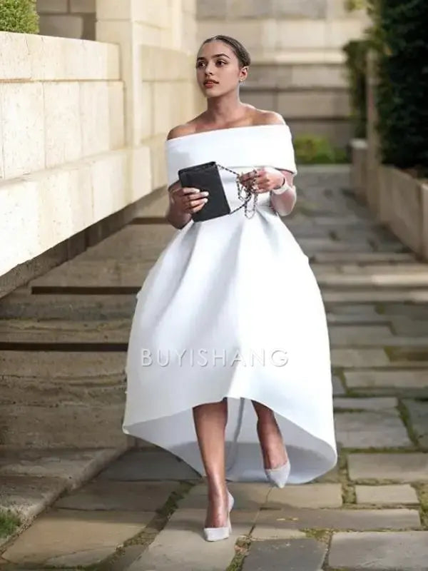 Buyishang Simple A-Line/Princess Off-the-Shoulder Asymmetrical Satin Prom Dresses formal wear dresses