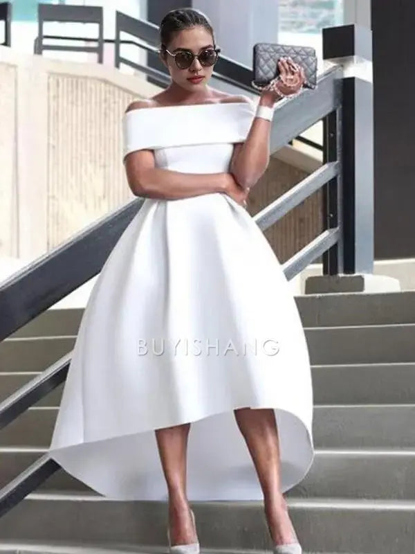 Buyishang Simple A-Line/Princess Off-the-Shoulder Asymmetrical Satin Prom Dresses formal wear dresses