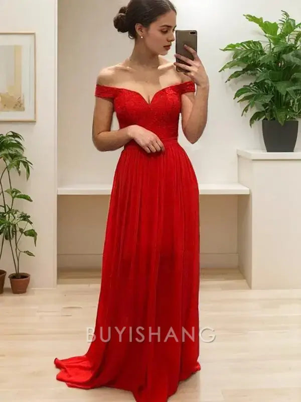 Buyishang Simple A-Line/Princess Off-the-Shoulder Sweep Train Chiffon Prom Dresses formal wear dresses