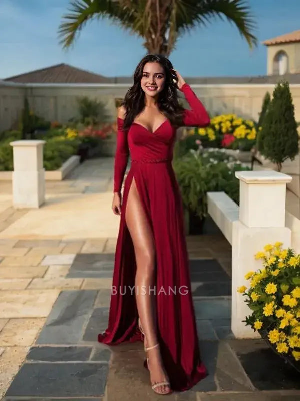 Buyishang Simple A-Line/Princess Off-the-Shoulder Sweep Train Jersey Prom Dresses With Leg Slit formal wear dresses
