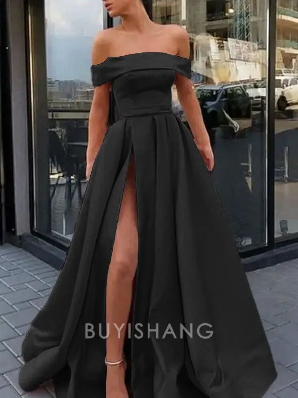 Buyishang Simple A-Line/Princess Off-the-Shoulder Sweep Train Satin Prom Dresses With Leg Slit formal wear dresses