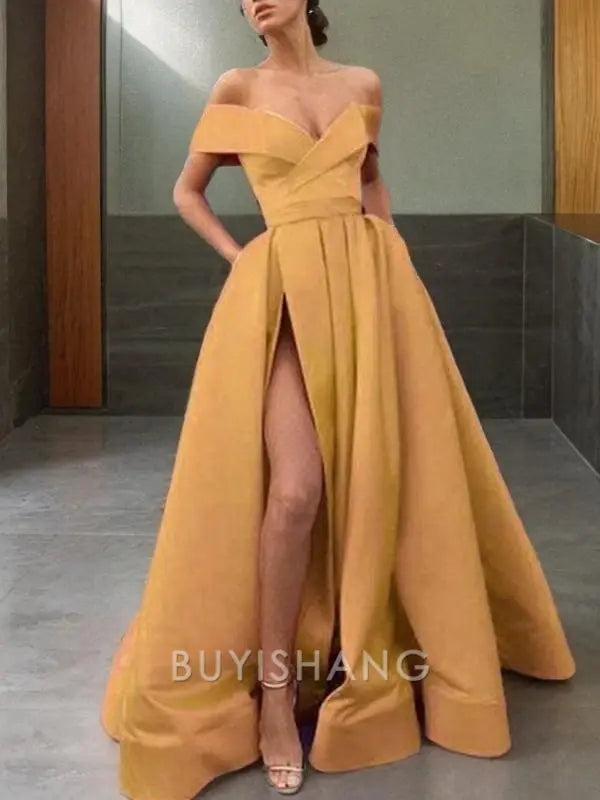 Buyishang Simple A-Line/Princess Off-the-Shoulder Sweep Train Satin Prom Dresses With Leg Slit formal wear dresses