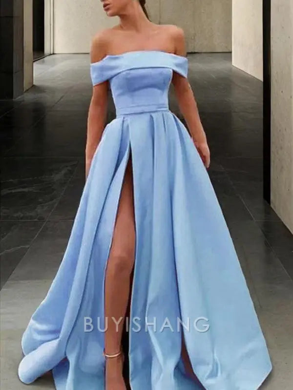 Buyishang Simple A-Line/Princess Off-the-Shoulder Sweep Train Satin Prom Dresses With Leg Slit formal wear dresses