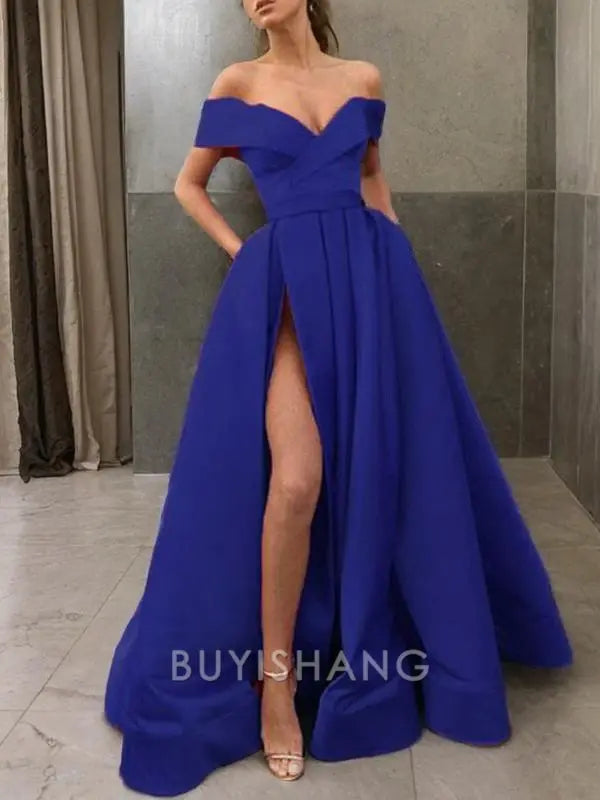 Buyishang Simple A-Line/Princess Off-the-Shoulder Sweep Train Satin Prom Dresses With Leg Slit formal wear dresses