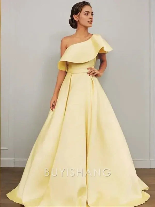 Buyishang Simple A-Line/Princess One-Shoulder Floor-Length Satin Prom Dresses With Ruffles formal wear dresses