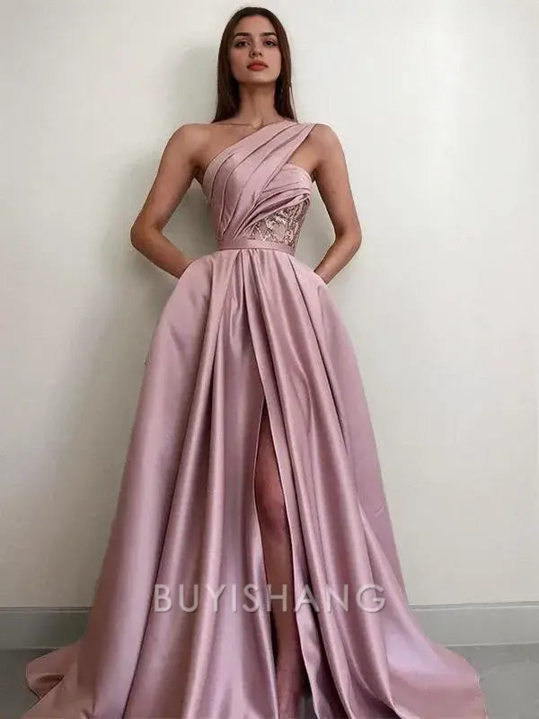 Buyishang Simple A-Line/Princess One-Shoulder Sweep Train Satin Prom Dresses With Pockets formal wear dresses