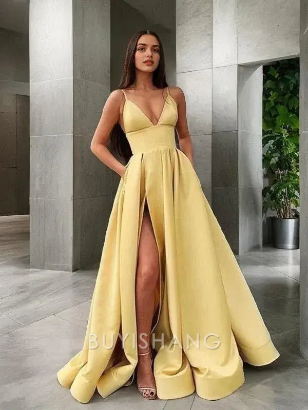 Buyishang Simple A-Line/Princess Spaghetti Straps Floor-Length Satin Prom Dresses With Leg Slit formal wear dresses