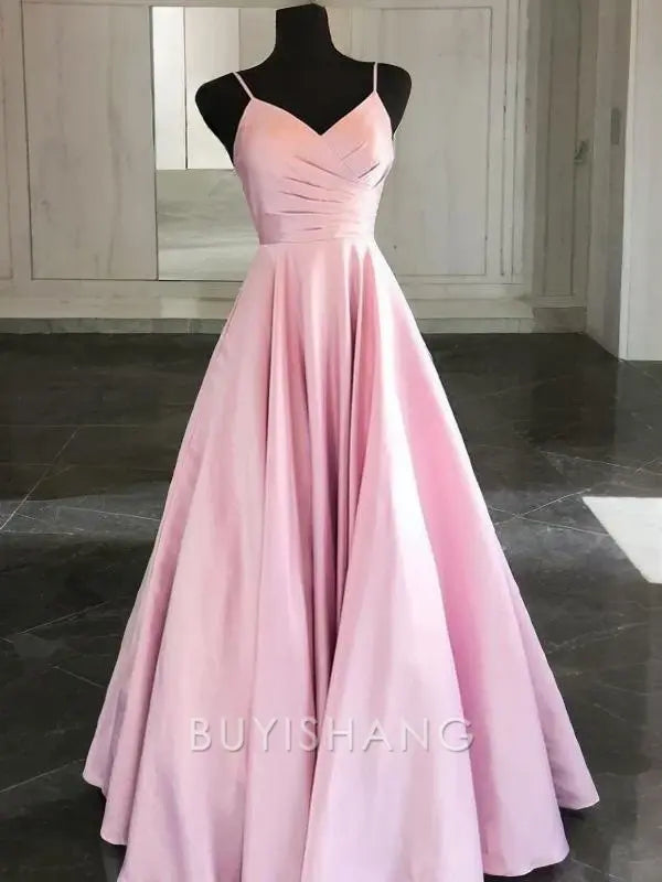 Buyishang Simple A-Line/Princess Spaghetti Straps Floor-Length Satin Prom Dresses With Ruffles formal wear dresses