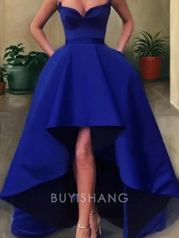 Buyishang Simple A-Line/Princess Strapless Asymmetrical Satin Prom Dresses With Pockets formal wear dresses