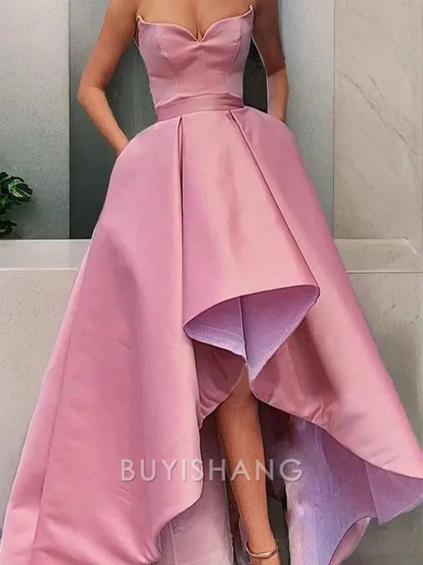 Buyishang Simple A-Line/Princess Strapless Asymmetrical Satin Prom Dresses With Pockets formal wear dresses