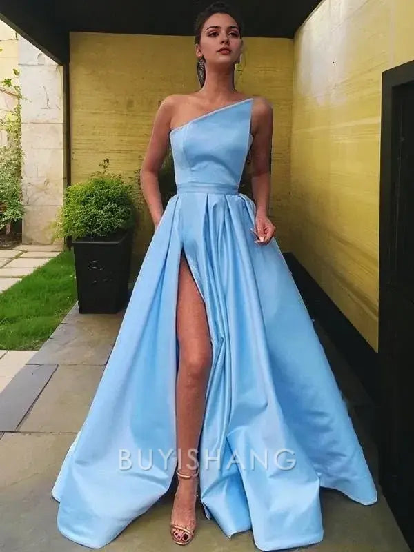 Buyishang Simple A-Line/Princess Strapless Floor-Length Satin Prom Dresses With Leg Slit formal wear dresses