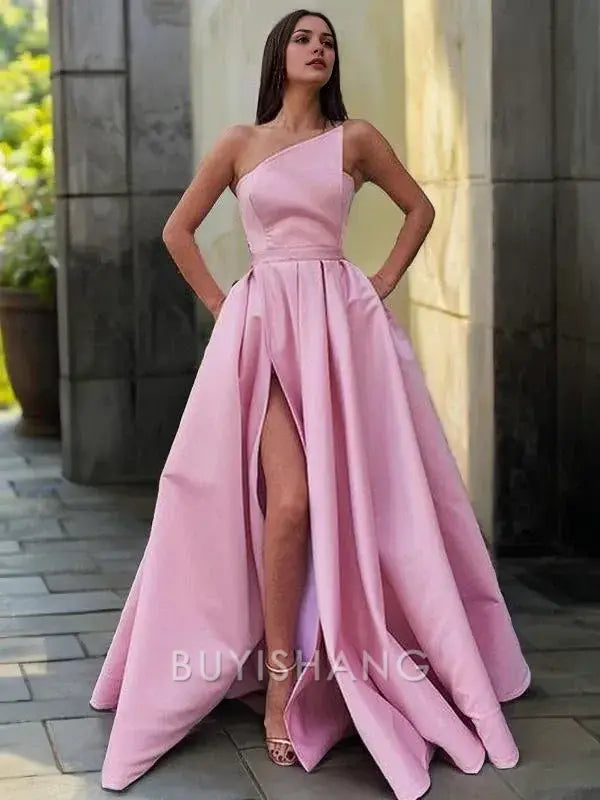 Buyishang Simple A-Line/Princess Strapless Floor-Length Satin Prom Dresses With Leg Slit formal wear dresses