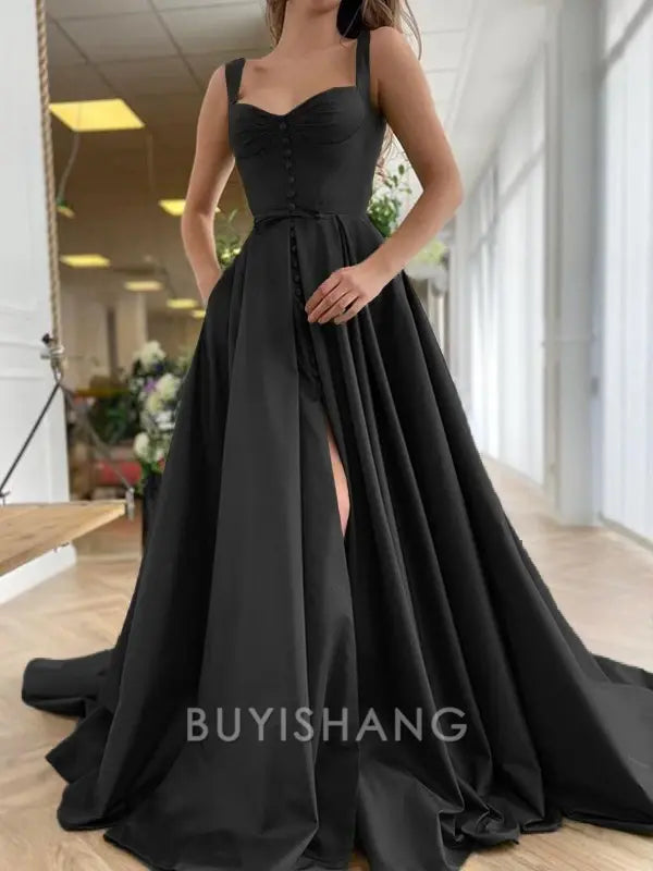 Buyishang Simple A-Line/Princess Straps Court Train Satin Prom Dresses With Pockets formal wear dresses