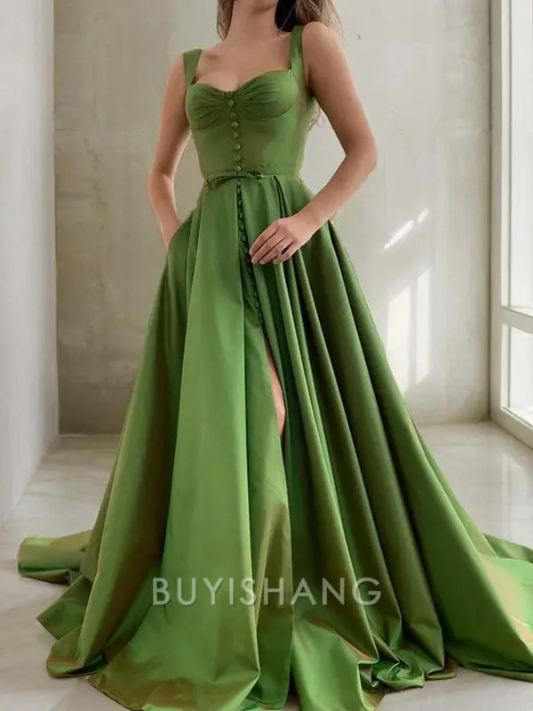 Buyishang Simple A-Line/Princess Straps Court Train Satin Prom Dresses With Pockets formal wear dresses
