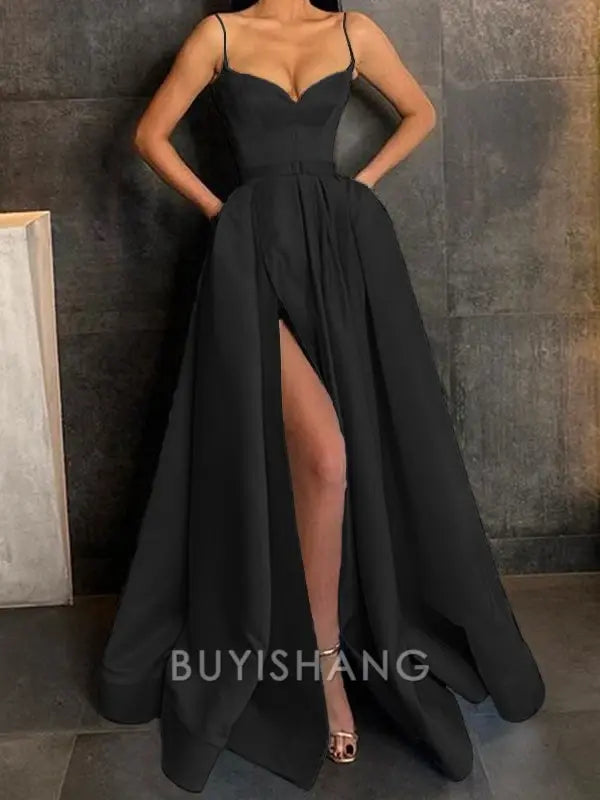 Buyishang Simple A-Line/Princess V-neck Floor-Length Satin Prom Dresses With Leg Slit formal wear dresses