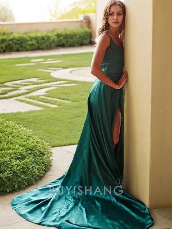 Buyishang Simple A-Line/Princess V-neck Sweep Train Silk Like Satin Prom Dresses With Leg Slit formal wear dresses