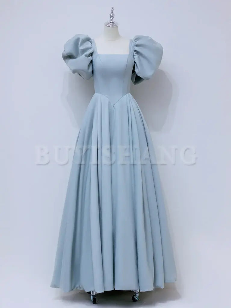 Buyishang A-Line Puff sleeves Long Blue Prom Dress Square Neckline Blue Long Formal Dress Bridesmaid dress shop ﻿