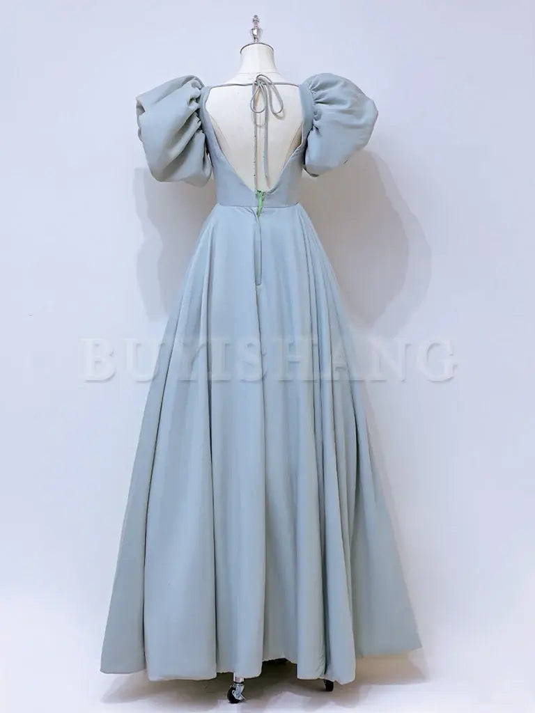 Buyishang A-Line Puff sleeves Long Blue Prom Dress Square Neckline Blue Long Formal Dress Bridesmaid dress shop ﻿