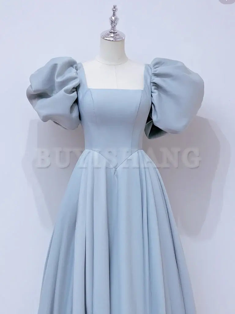 Buyishang A-Line Puff sleeves Long Blue Prom Dress Square Neckline Blue Long Formal Dress Bridesmaid dress shop ﻿