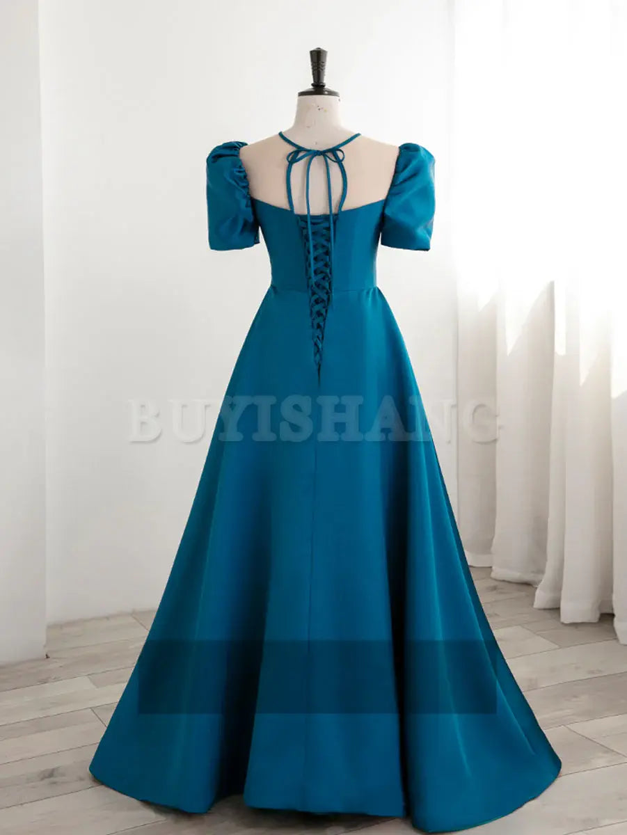 Buyishang A-Line Satin Blue Long Prom Dress Blue Long Formal Evening Dresses prom dresses shops ﻿