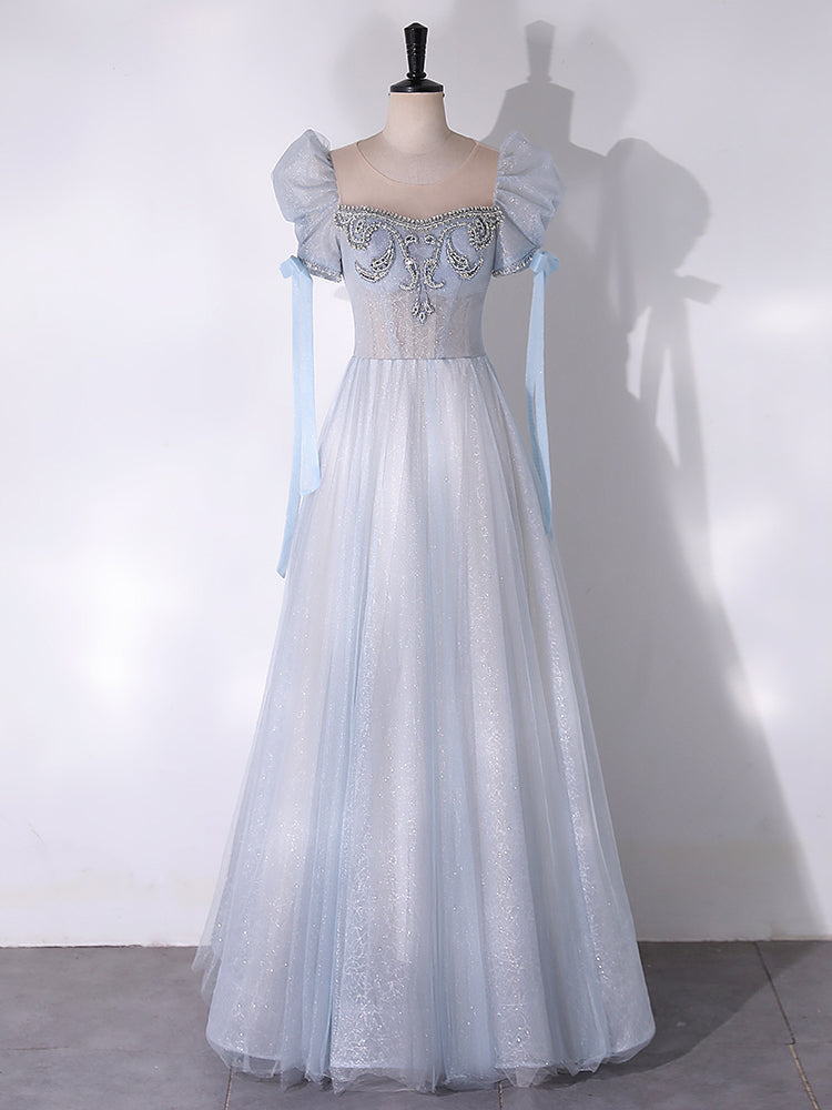 Buyishang A-Line Scoop Neckline Tulle Light Blue Long Prom Dress with Beads