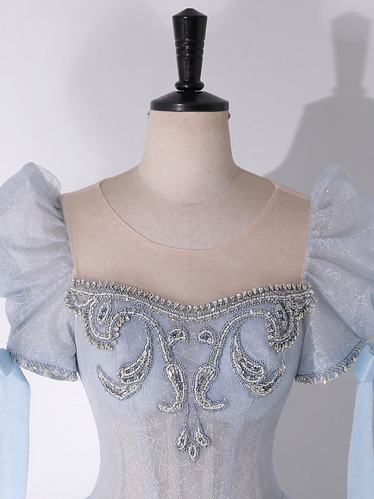 Buyishang A-Line Scoop Neckline Tulle Light Blue Long Prom Dress with Beads