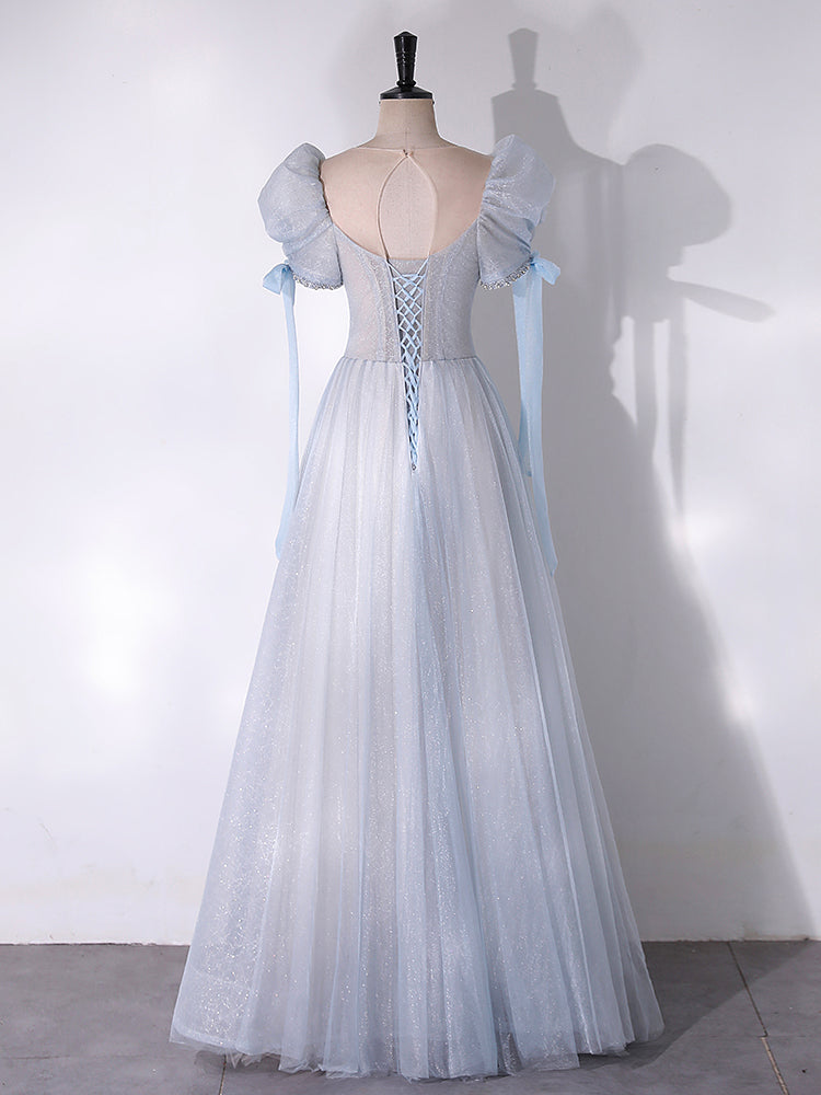 Buyishang A-Line Scoop Neckline Tulle Light Blue Long Prom Dress with Beads