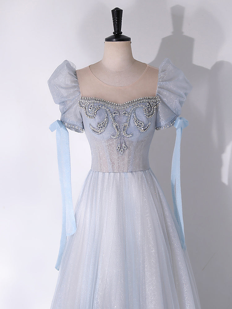 Buyishang A-Line Scoop Neckline Tulle Light Blue Long Prom Dress with Beads