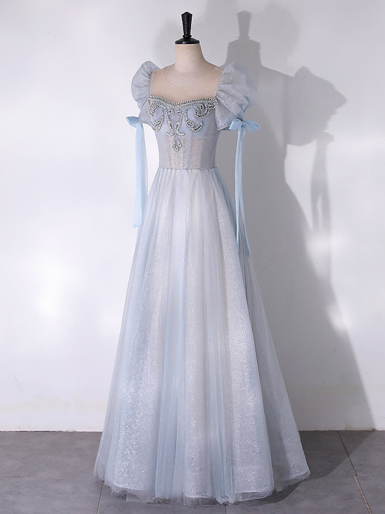Buyishang A-Line Scoop Neckline Tulle Light Blue Long Prom Dress with Beads