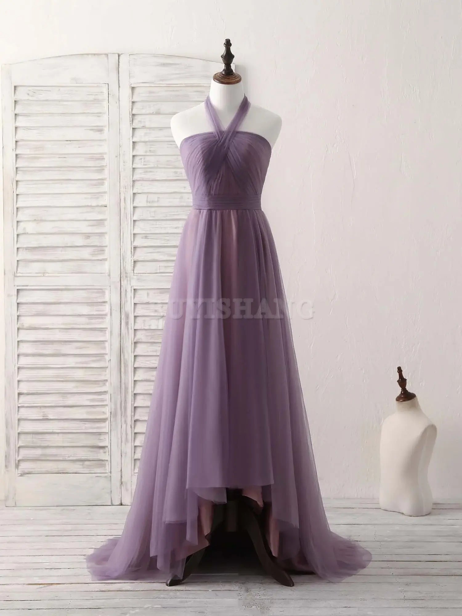Buyishang A-Line Tulle High Low Long Prom Dress Simple Bridesmaid Dress Bridesmaid dress shop