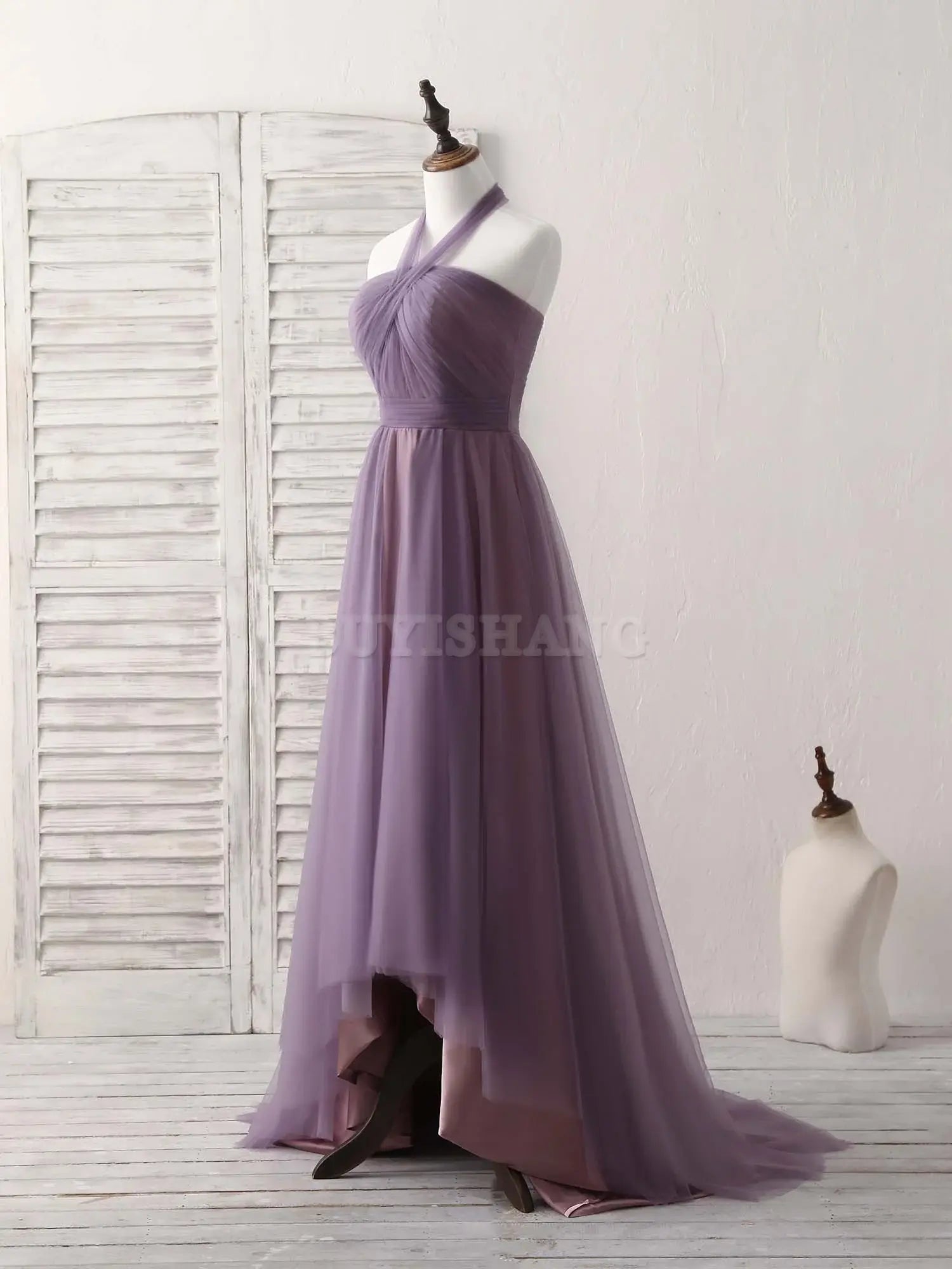 Buyishang A-Line Tulle High Low Long Prom Dress Simple Bridesmaid Dress Bridesmaid dress shop