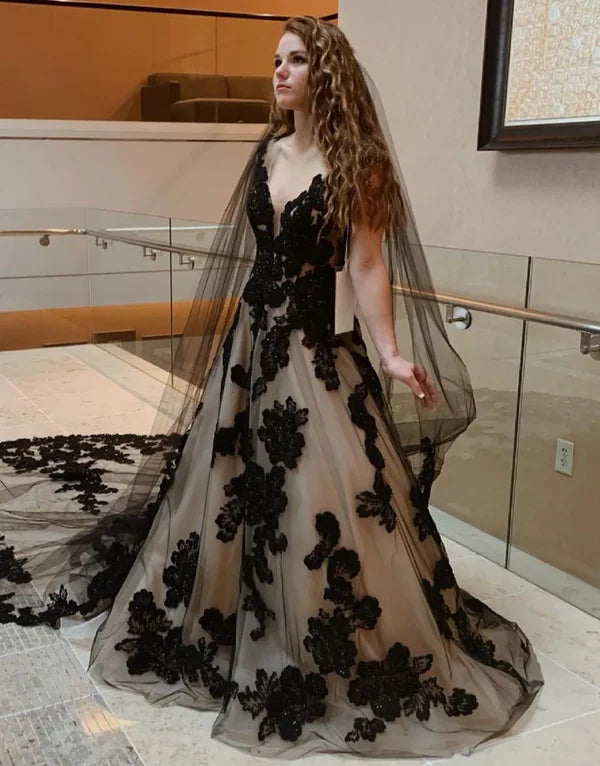 Buyishang A-Line V-Neck Open Back Court Train Black Wedding Dress With Veil