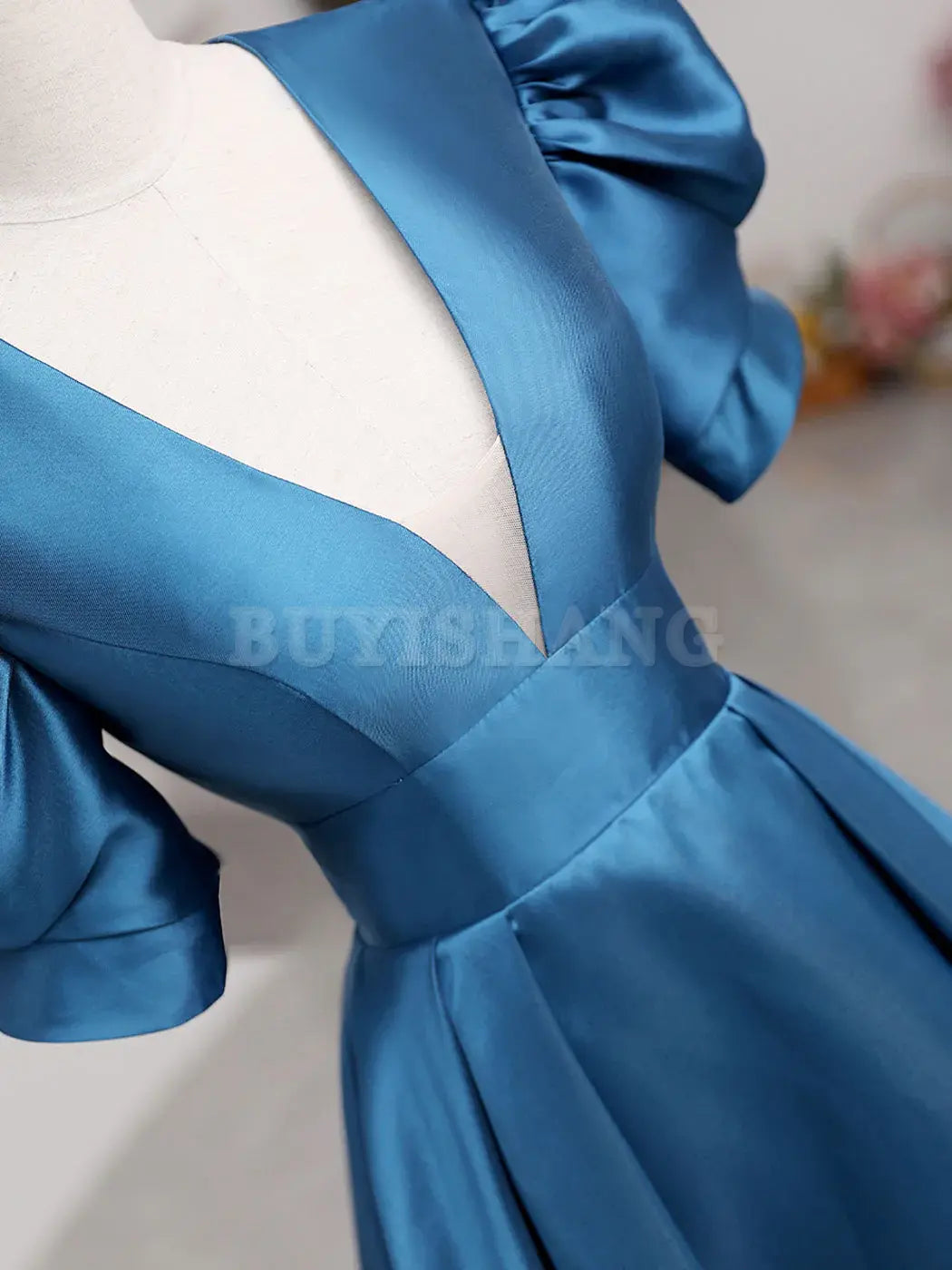 Buyishang A-Line V Neck Satin Long Prom Dresses Blue Satin Long Evening Dress prom dresses shops