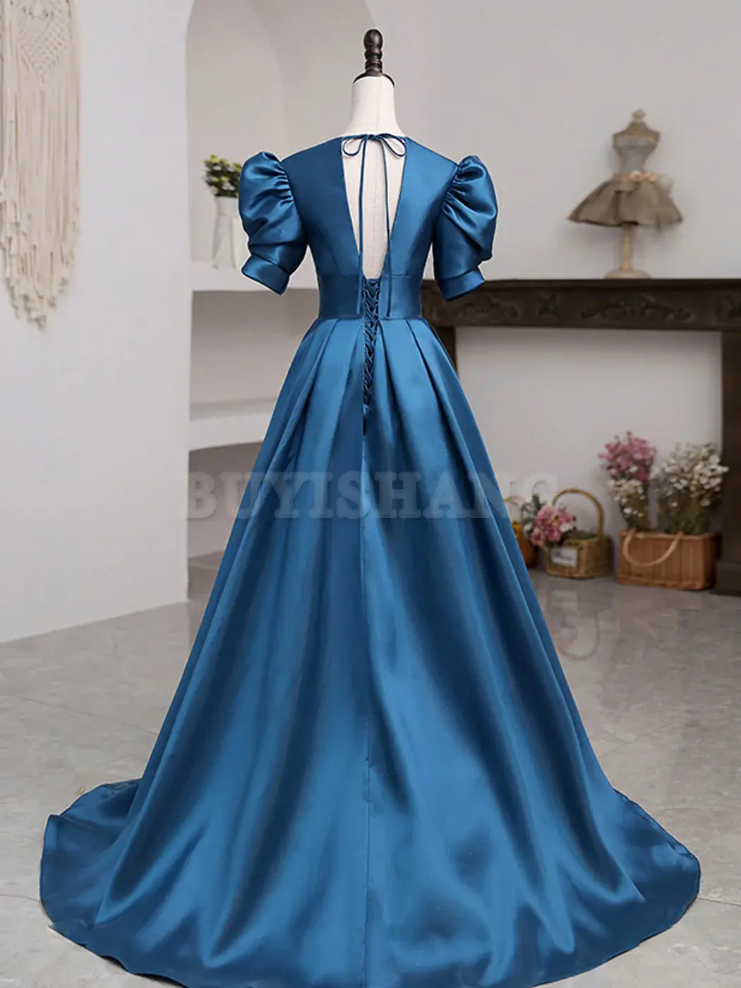 Buyishang A-Line V Neck Satin Long Prom Dresses Blue Satin Long Evening Dress prom dresses shops