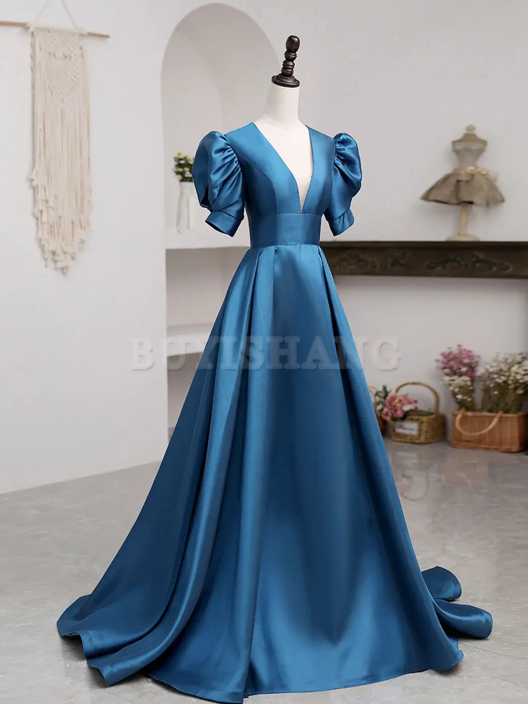 Buyishang A-Line V Neck Satin Long Prom Dresses Blue Satin Long Evening Dress prom dresses shops