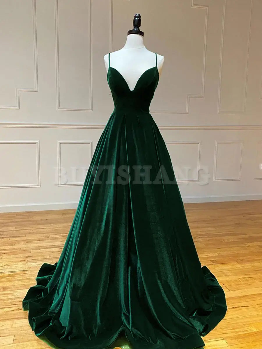 Buyishang A-Line V Neck Velvet Green Long Prom Dresses Green Velvet Formal Dress prom dresses shops
