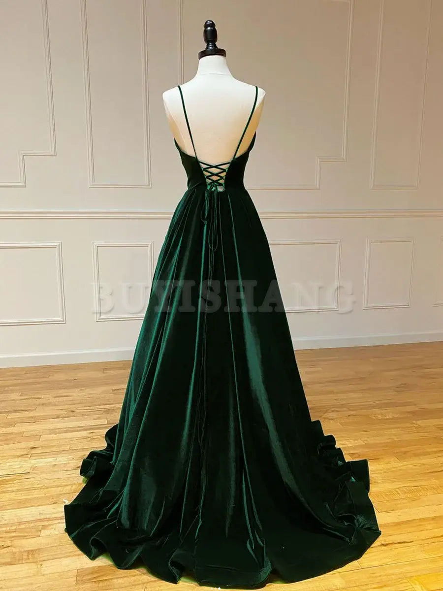 Buyishang A-Line V Neck Velvet Green Long Prom Dresses Green Velvet Formal Dress prom dresses shops