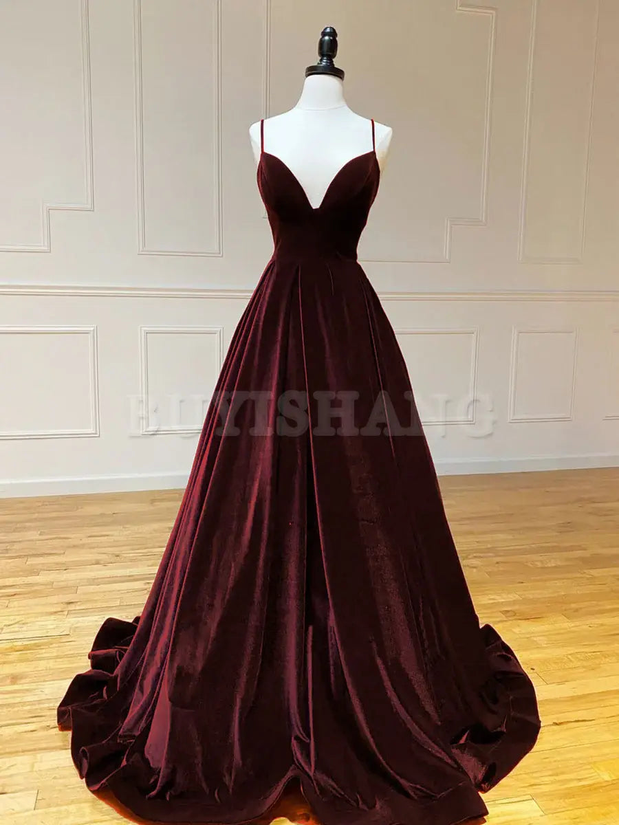Buyishang A-Line V Neck Velvet Burgundy Long Prom Dresses Green Velvet Formal Dress prom dresses shops ﻿
