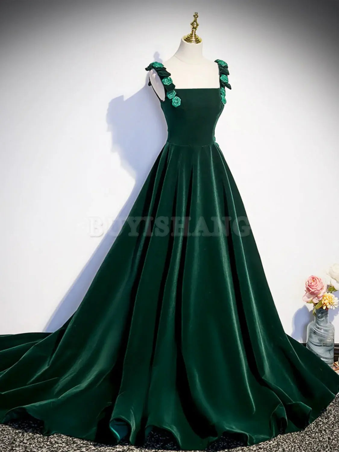 Buyishang A-Line Velvet Green Long Prom Dresses Green Formal Evening Dresses prom dresses shops