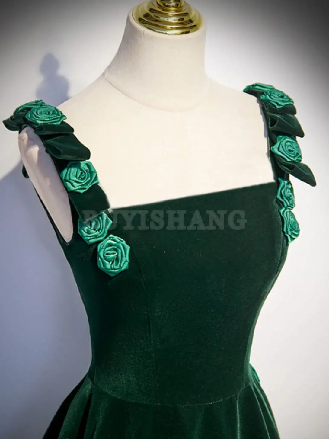 Buyishang A-Line Velvet Green Long Prom Dresses Green Formal Evening Dresses prom dresses shops
