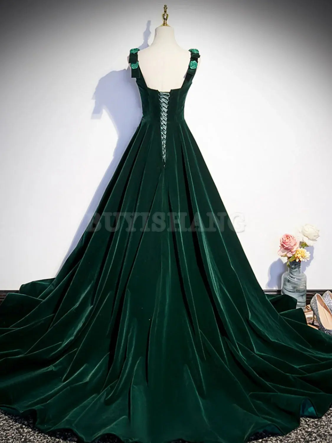 Buyishang A-Line Velvet Green Long Prom Dresses Green Formal Evening Dresses prom dresses shops