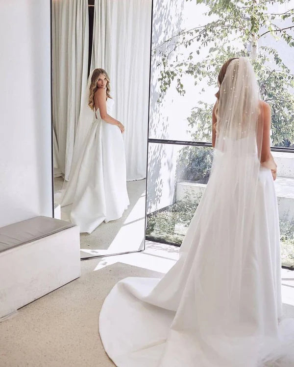 Buyishang A-Line White Sleeveless Satin Wedding Dress With Side Slit