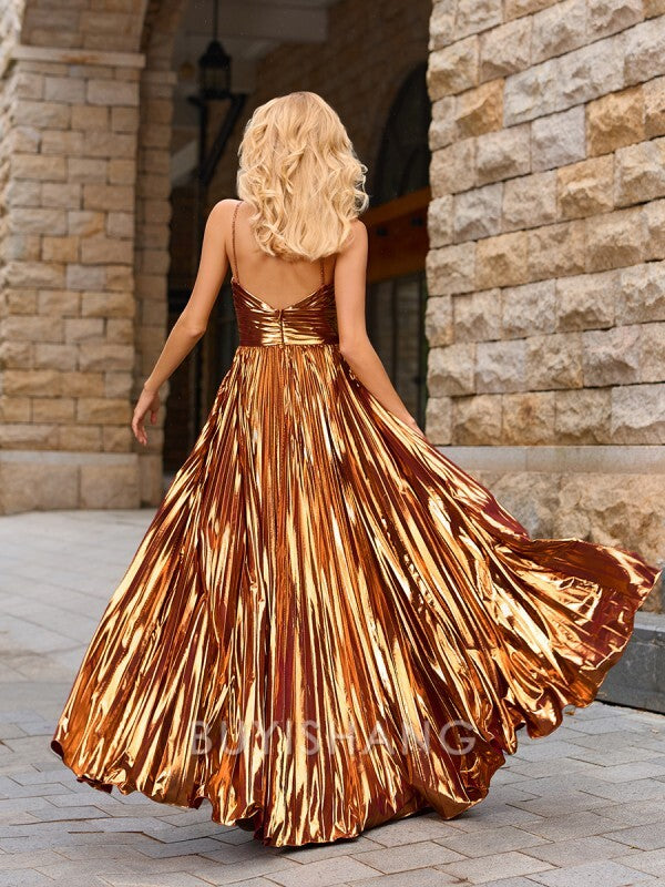 Buyishang Simple A-line Halter Pleated Floor-Length Metallic Satin Dress formal wear dresses