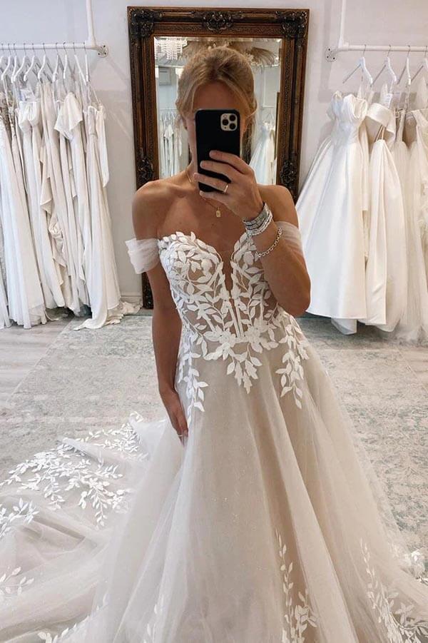 Buyishang A-line Lace Beach Wedding Dress with Off Shoulder Tulle Appliques