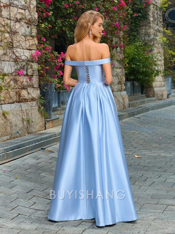 Buyishang Simple A-line Off-the-Shoulder Floor-Length Satin Dress formal wear dresses