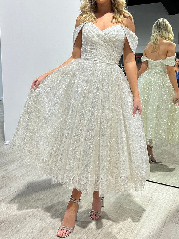 Buyishang Simple A-line Off-the-Shoulder Pleated Ankle-Length Sequins Dress formal wear dresses